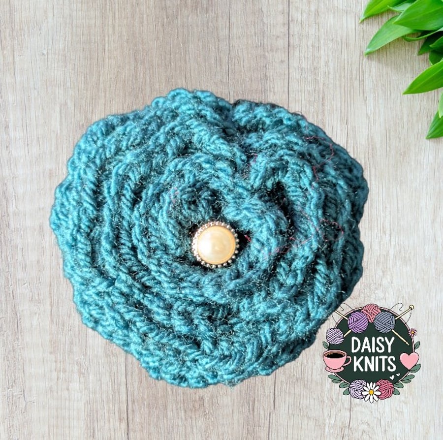 Hand Knitted Dark turquoise Brooch with Faux Pearl Button