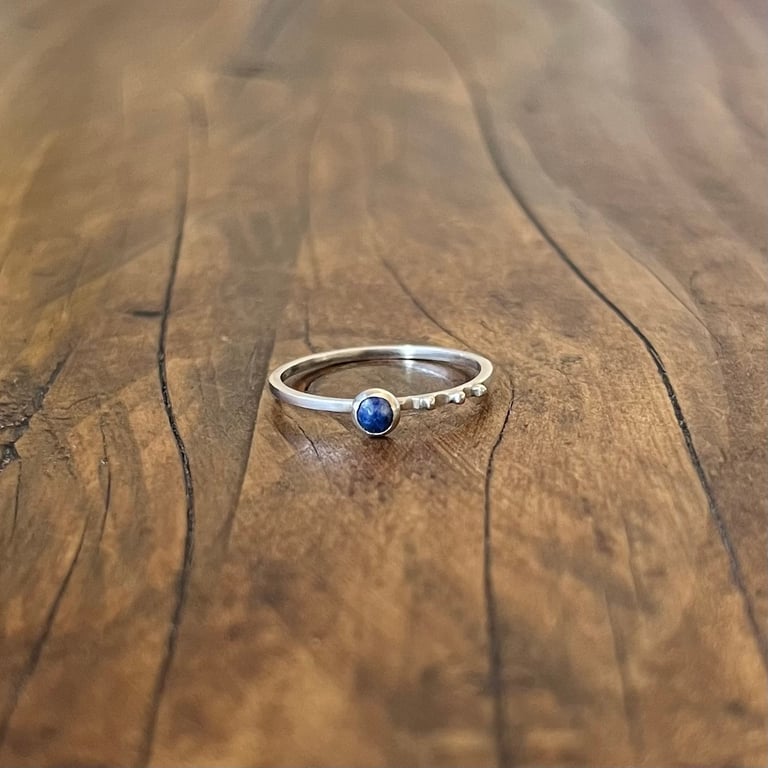 Lapis Lazuli Beaded Dainty Ring - Size I.5 (UK) - Handmade, Sterling Silver 