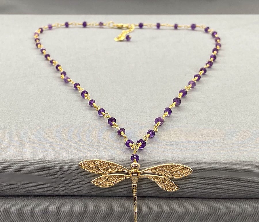 Dainty Amethyst Necklace with Dragonfly Pendant Champagne Gold Filled