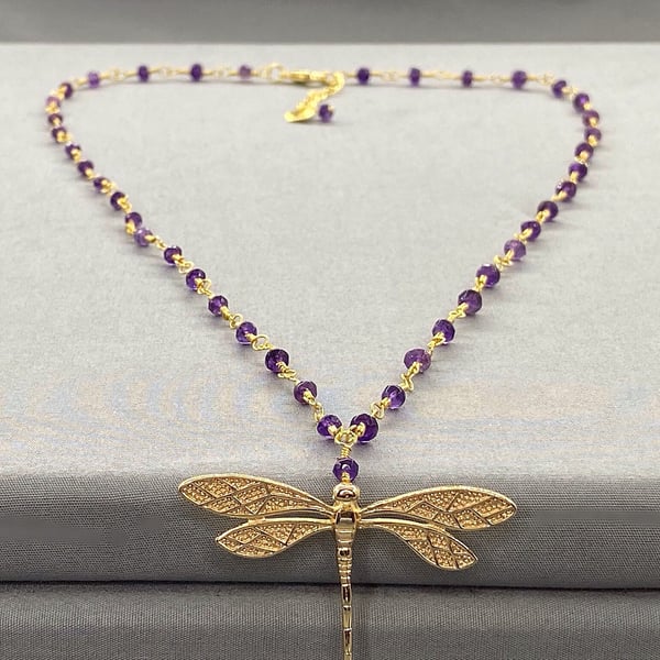 Dainty Amethyst Necklace with Dragonfly Pendant Champagne Gold Filled