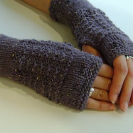 Fingerless Gloves Mittens Wrist Warmers in Dusky Grape Aran Wool