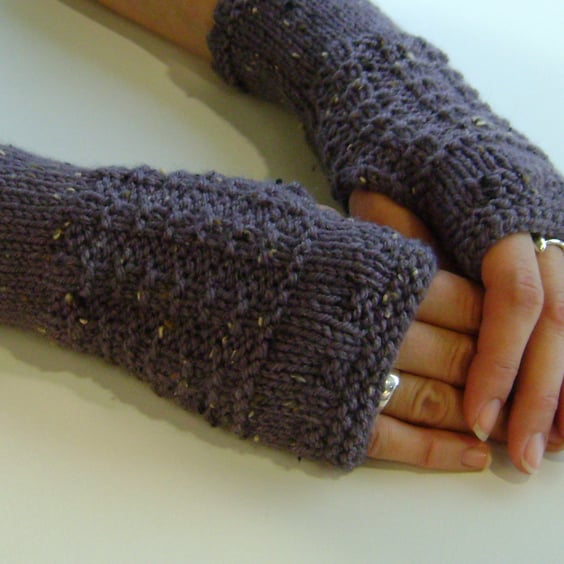 Fingerless Gloves Mittens Wrist Warmers in Dusky Grape Aran Wool