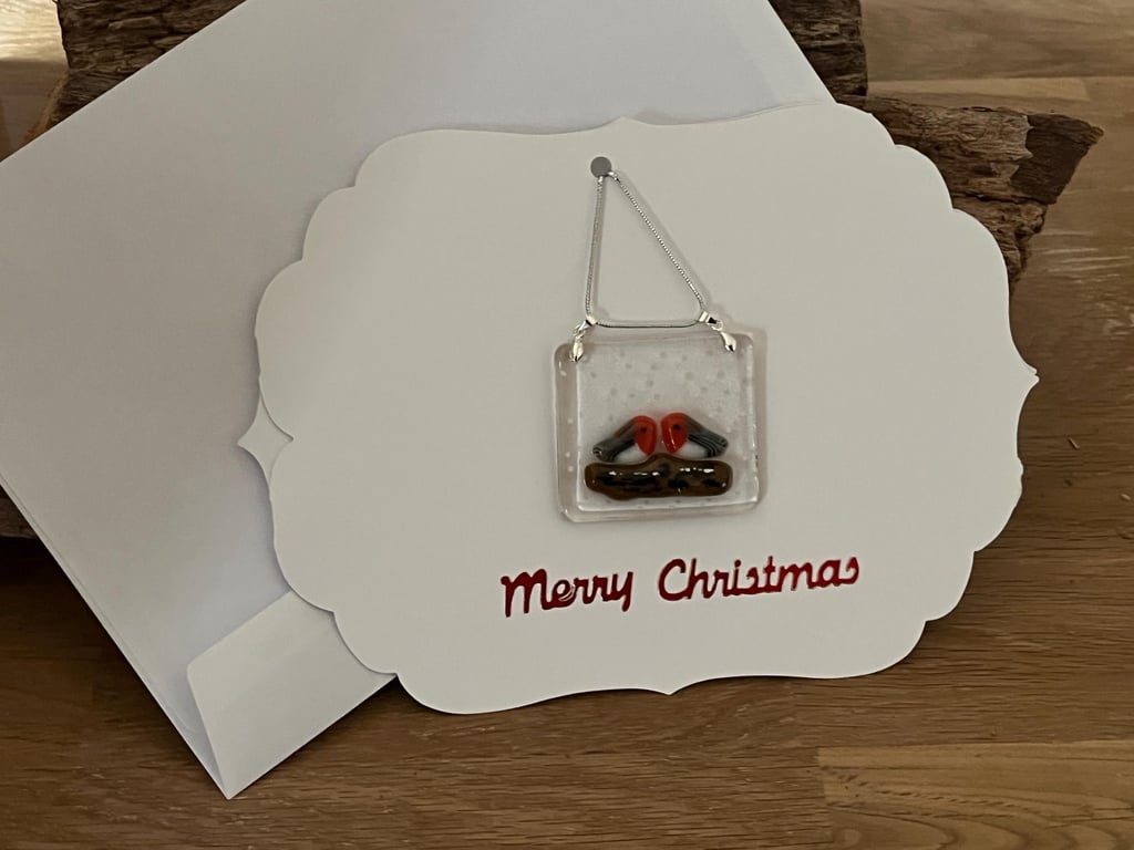 Bespoke Handcrafted Christmas Robins on a Log Card with Artisan Fused Glass 