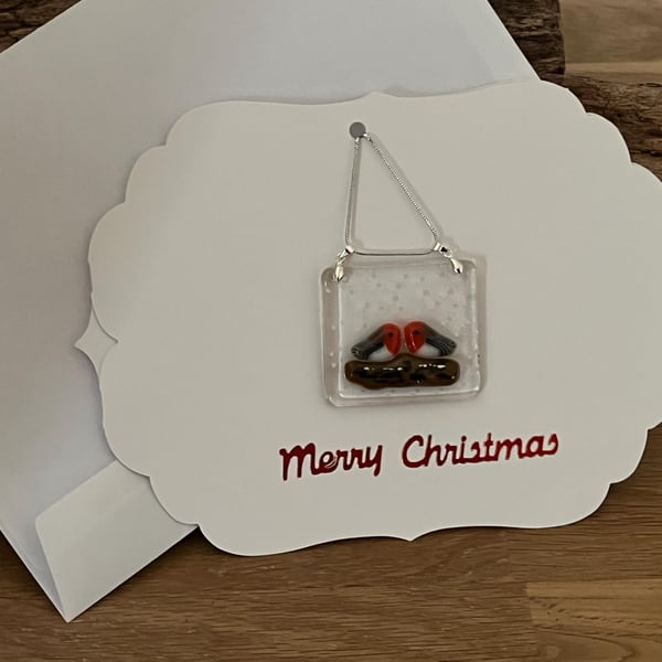 Bespoke Handcrafted Christmas Robins on a Log Card with Artisan Fused Glass 