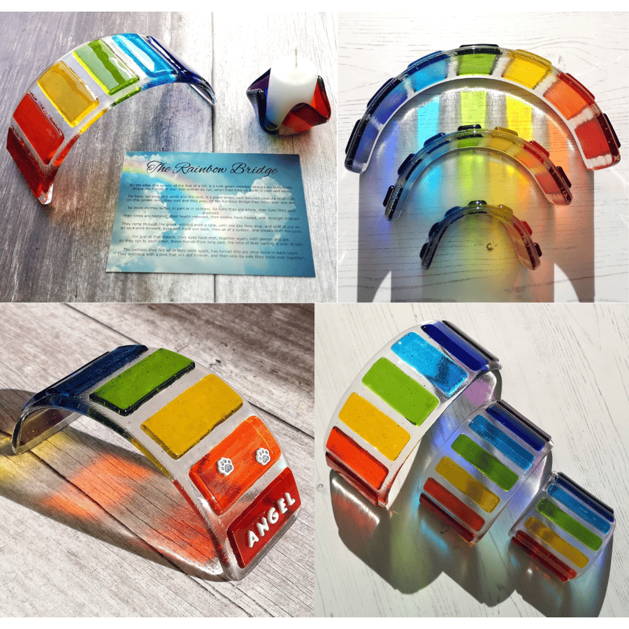 Glass Rainbow Steps Rainbow Bridge For Pet Loss - 3D Name, Paw Prints & Card