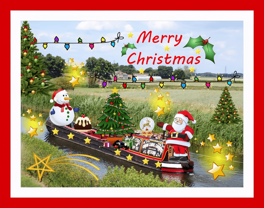Narrow Boat and Santa Norfolk Christmas Greeting Card A5