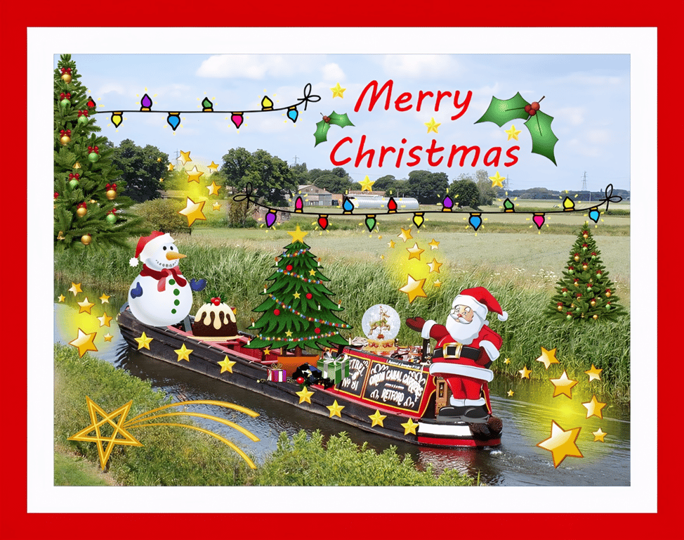 Narrow Boat and Santa Norfolk Christmas Greeting Card A5