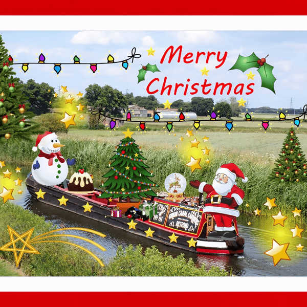 Narrow Boat and Santa Norfolk Christmas Greeting Card A5
