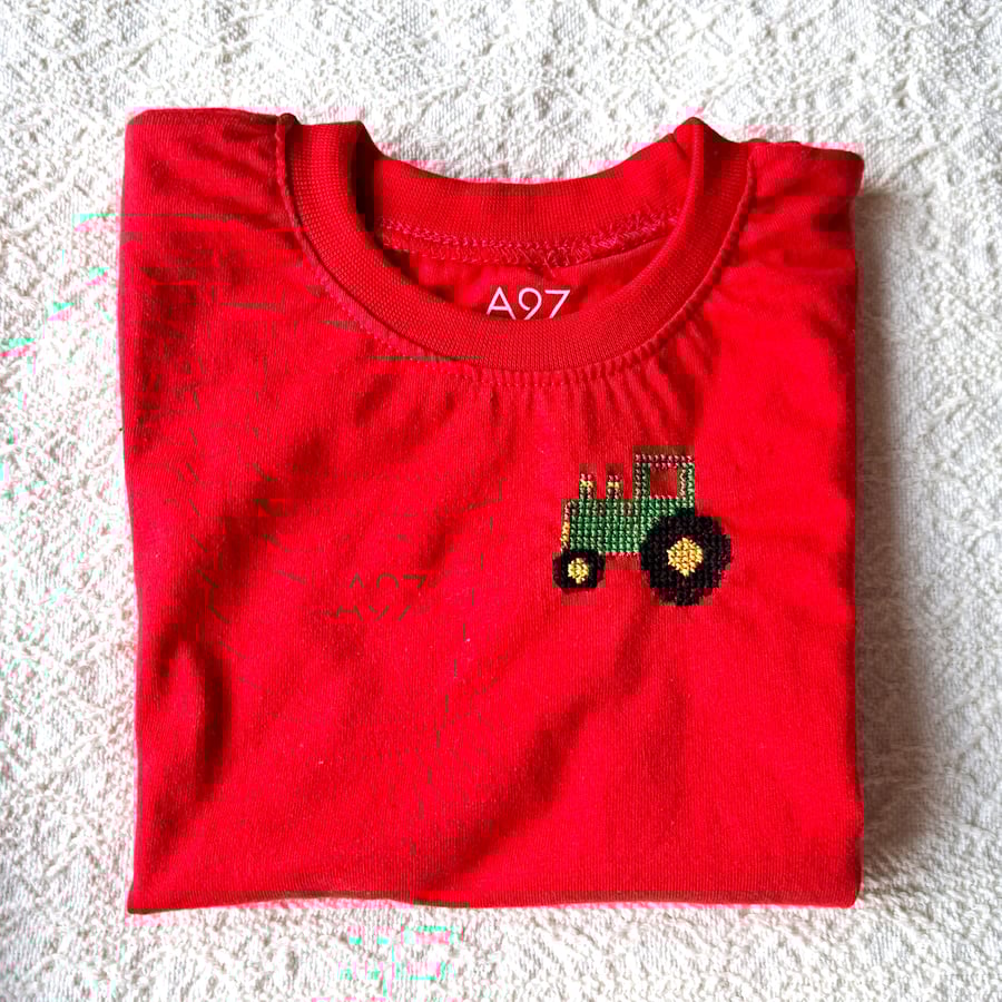 Tractor, T-shirt, age 2-3 years, hand embroidered
