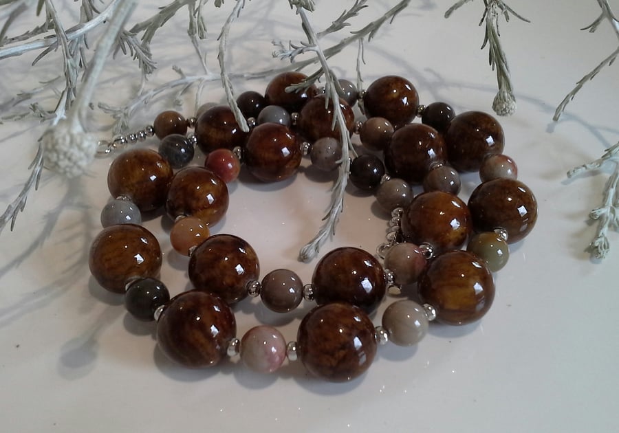 Statement Bronzite & Agate Silver Plate Necklace