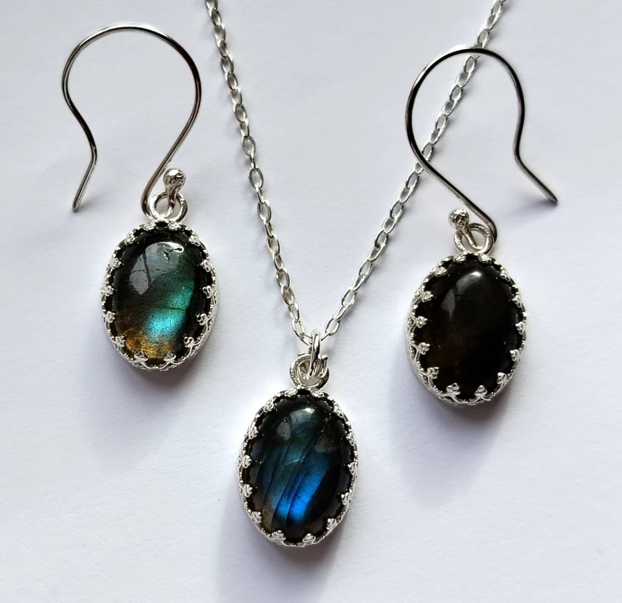 Sterling Silver Labradorite Necklace Earrings Jewellery Gift Set Oval Gemstones