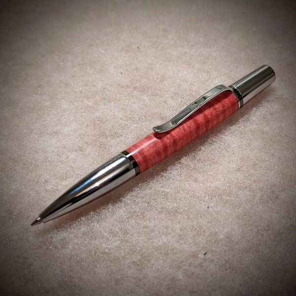 Handmade redpink rippled maple Ares ballpoint wooden pen with chrome fittings 