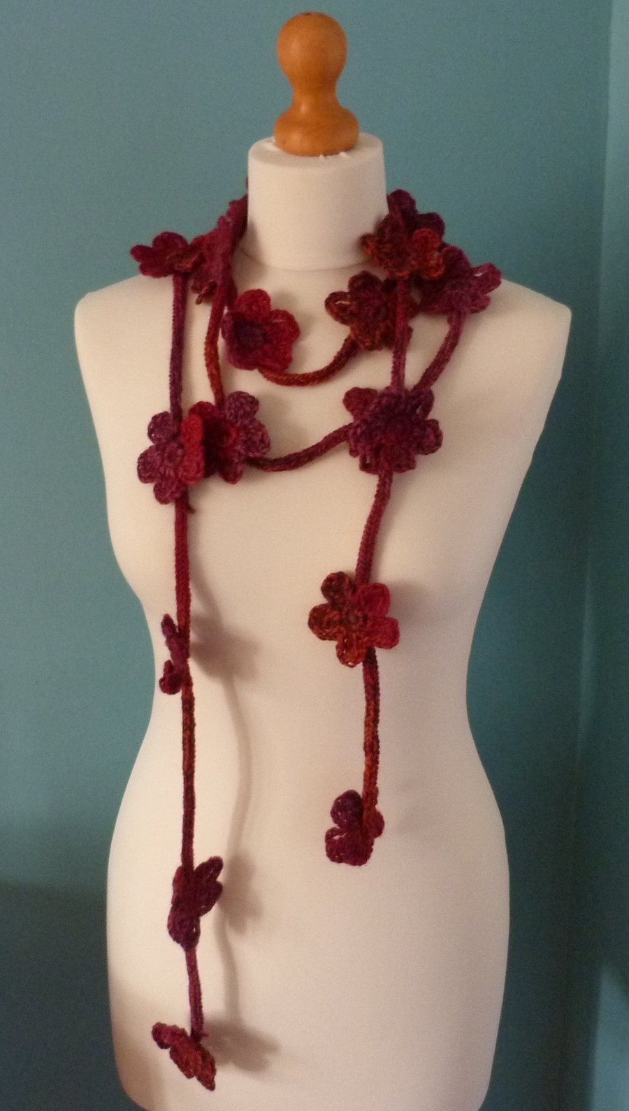 Half Price SALE ! Handmade Flower Lariat Scarf in Reds and Purples