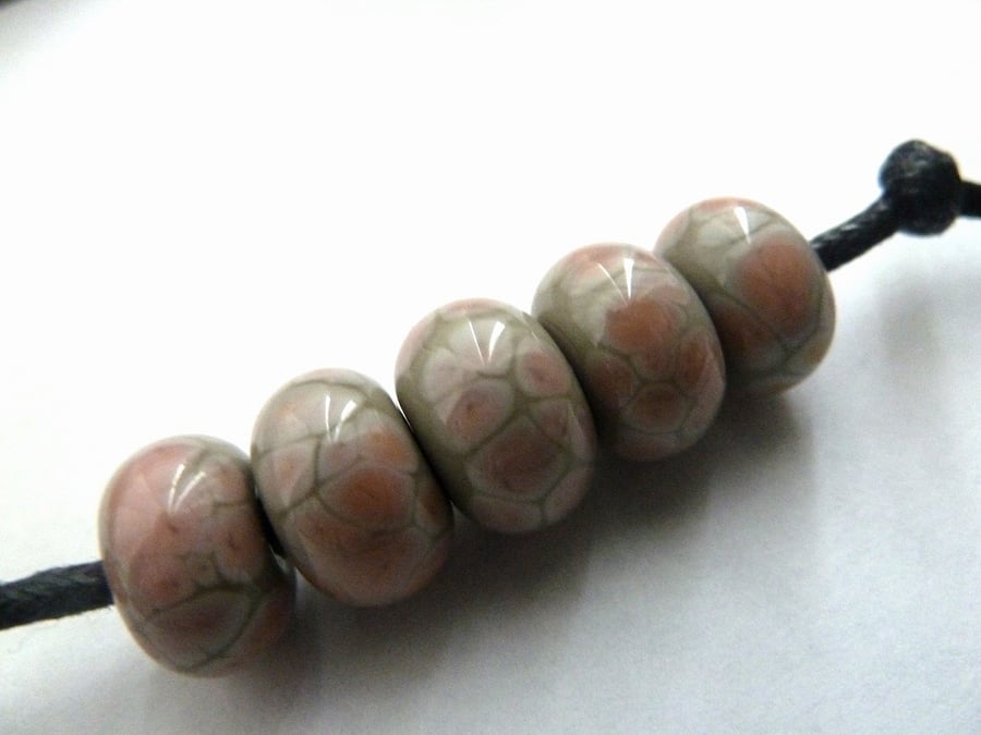 handmade lampwork glass beads, grey and pink