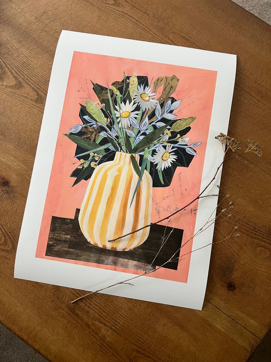 A3 art print - Autumn flowers in yellow striped vase (08)