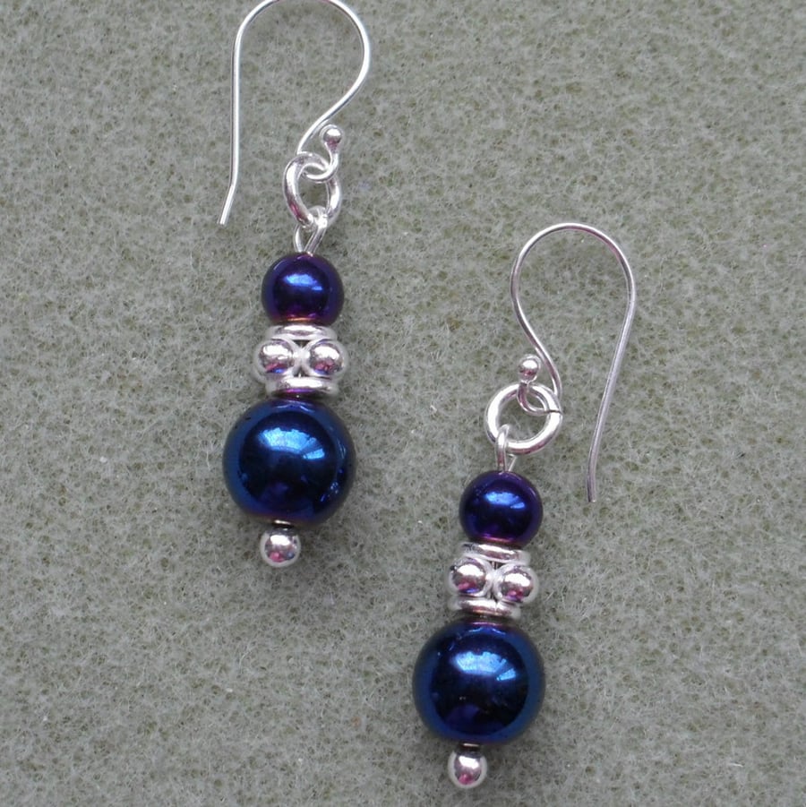 Blue Haematite Dangle Earrings Silver Plate