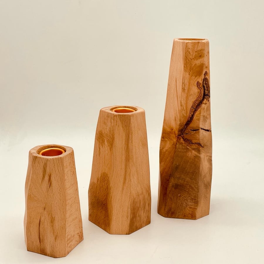Hand crafted Solid beech candlestick holders, set of three.