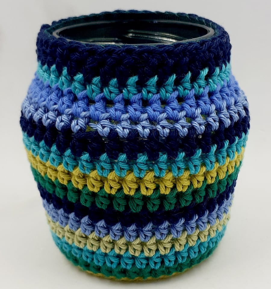 Small Crochet Covered Jar - Ocean Stripes 