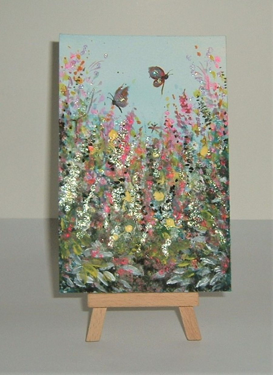 floral garden glitter acrylic original art painting ( ref F 619)