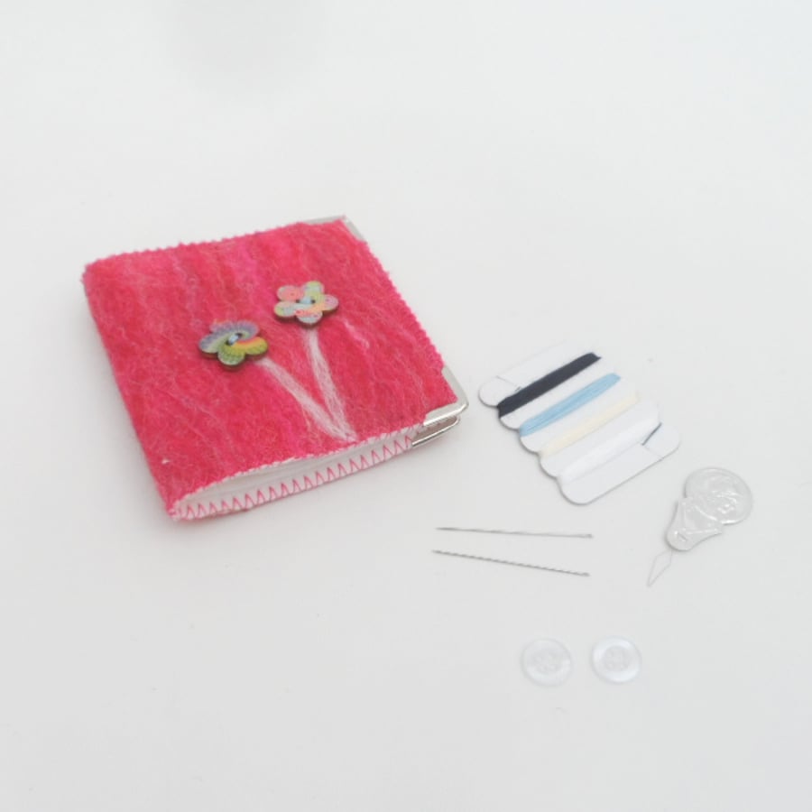 Pink felted mending kit, needle book with flower decoration