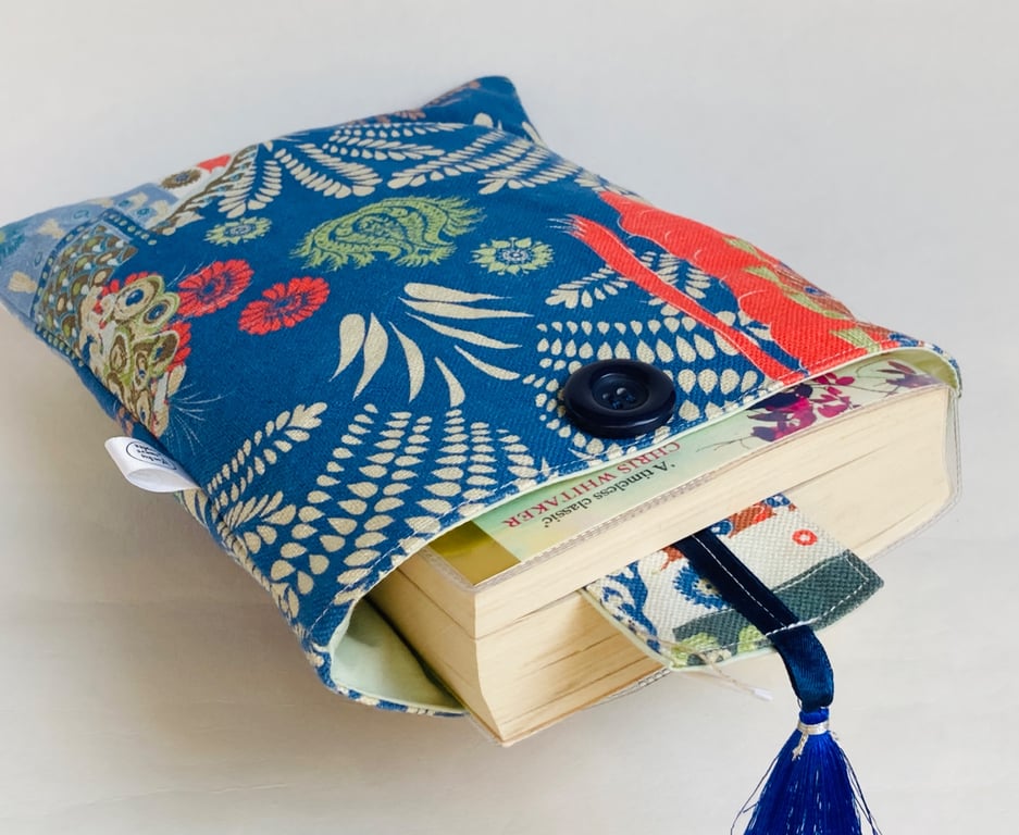 Book sleeve and bookmark. Gift for book-lover. Blue and coral with elephants