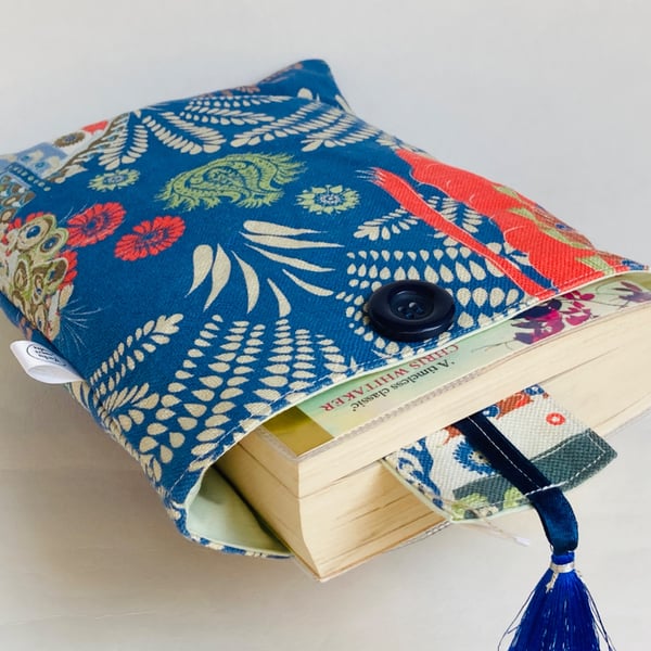Book sleeve and bookmark. Gift for book-lover. Blue and coral with elephants