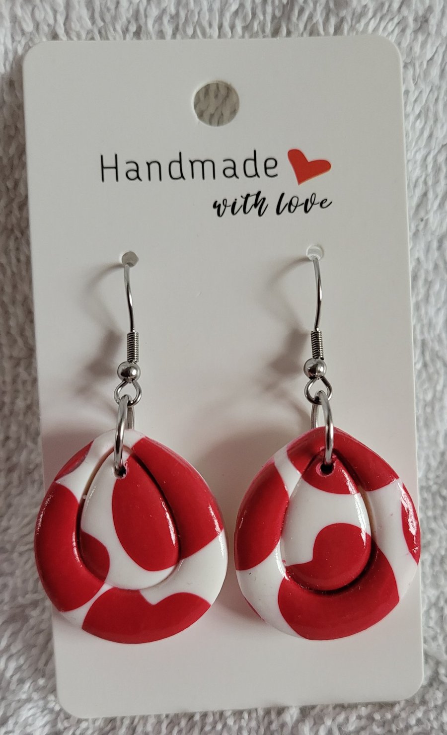 Image of Handmade Polymer Clay Red and White Earrings, 316 Surgical Stainless Steel