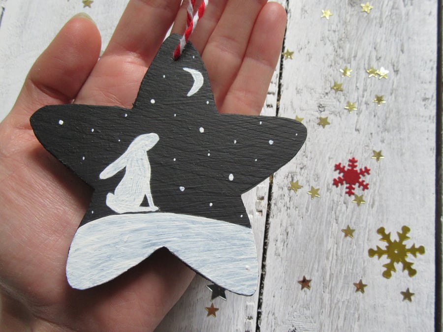 Moon gazing hare wooden star Christmas decoration 