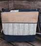 Upcycled Coffee Sack -  Crossbody Shoulder Bag - Denim with cream stripe - Image 4