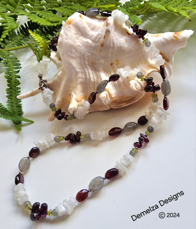 Natural Ruby Red Garnet, Moonstone, Peridot Sterling Silver Necklace