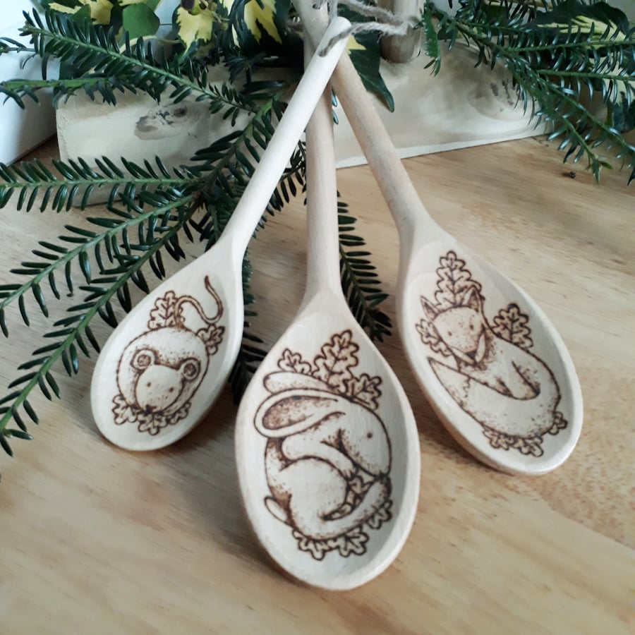 Three pyrography British wildlife wooden spoons