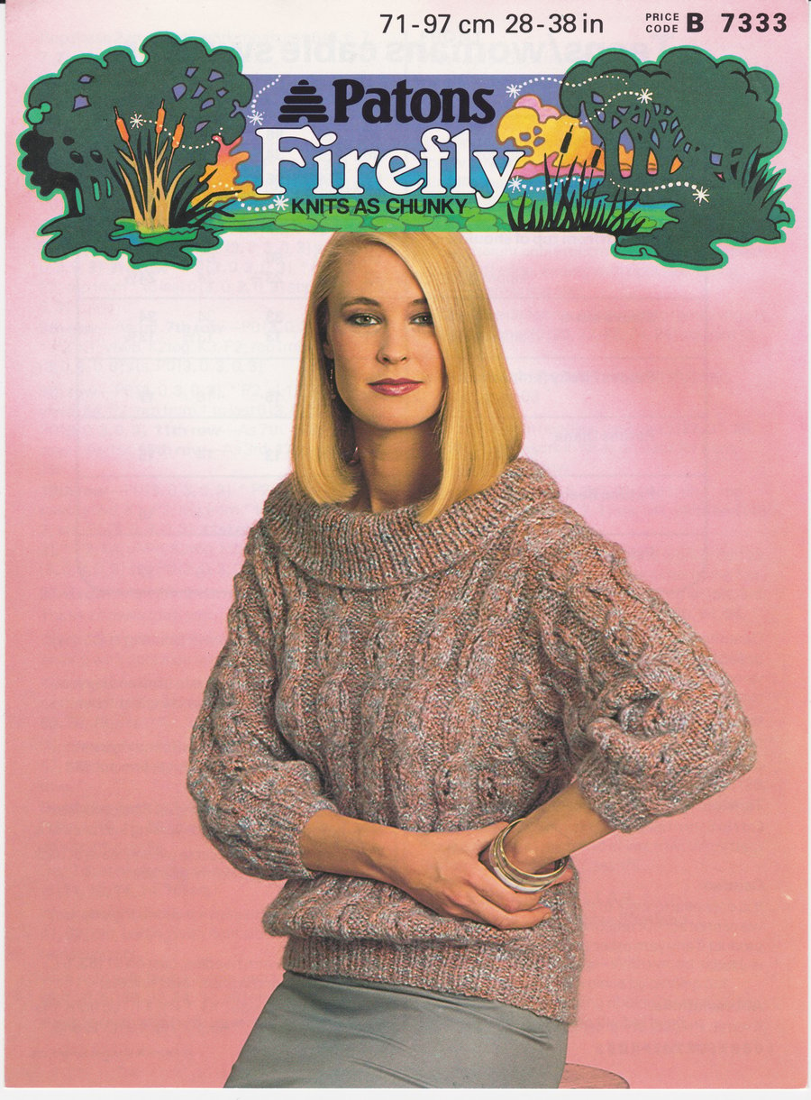 Vintage Knitting Pattern B7333: Patons Chunky Cable Sweater with Rib Collar