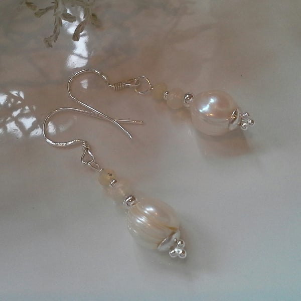 10mm Ivory White Freshwater Pearl & Ethopian Opal Sterling Silver Earrings