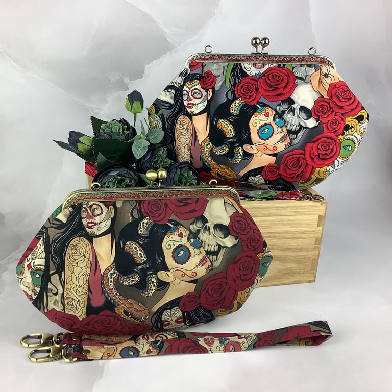 Day of the Dead medium clutch bag, Detachable strap, 2 colour options, Handmade