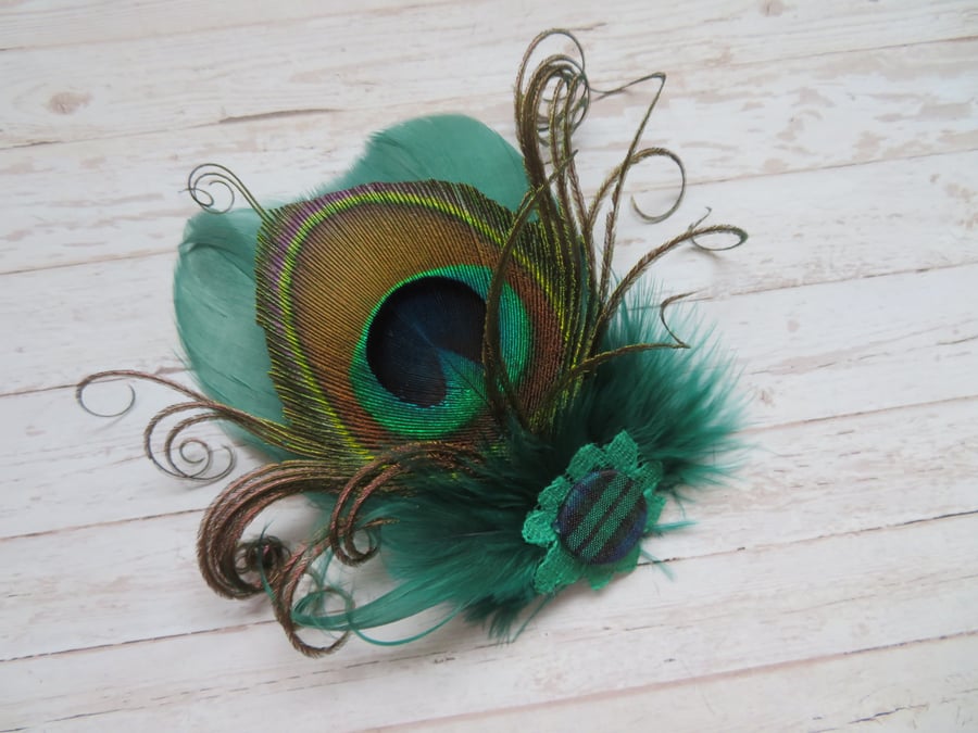Bottle Green Peacock Feather Celtic Button Hair or Hat Clip