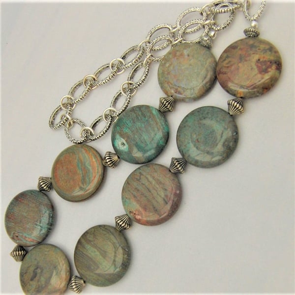 Long Line Jasper Coin Bead Necklace in Shades of Brown and Blue On Silver Chain