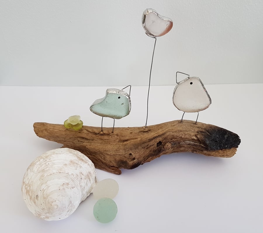 Two Sea Glass Birds with a Heart on Driftwood Gift for the Home