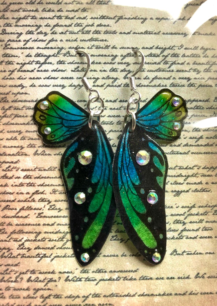 Green Blue and Black Double Fairy Wing Sterling Silver Earrings 