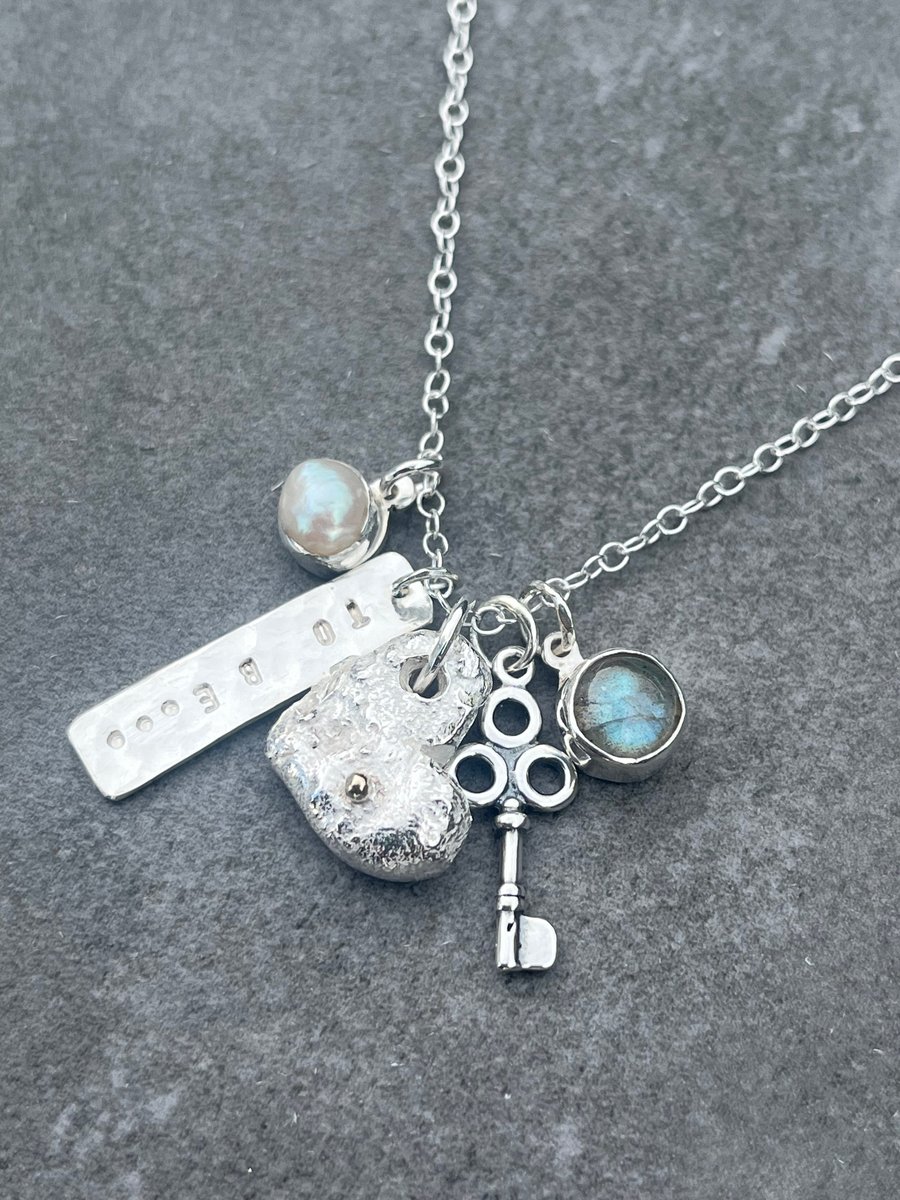Silver Charm Necklace, charm necklace, key necklace, labradorite 