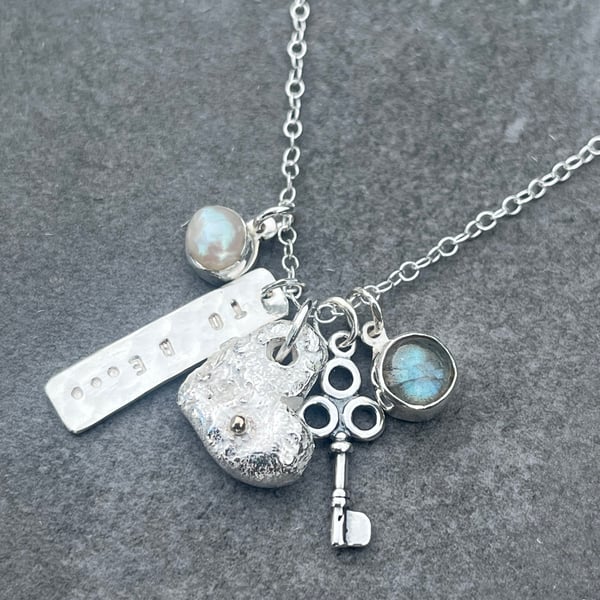 Silver Charm Necklace, charm necklace, key necklace, labradorite 