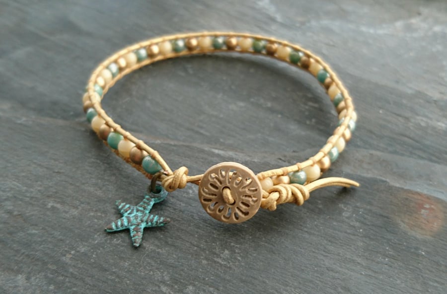 Metallic gold leather beach themed bracelet, starfish charm