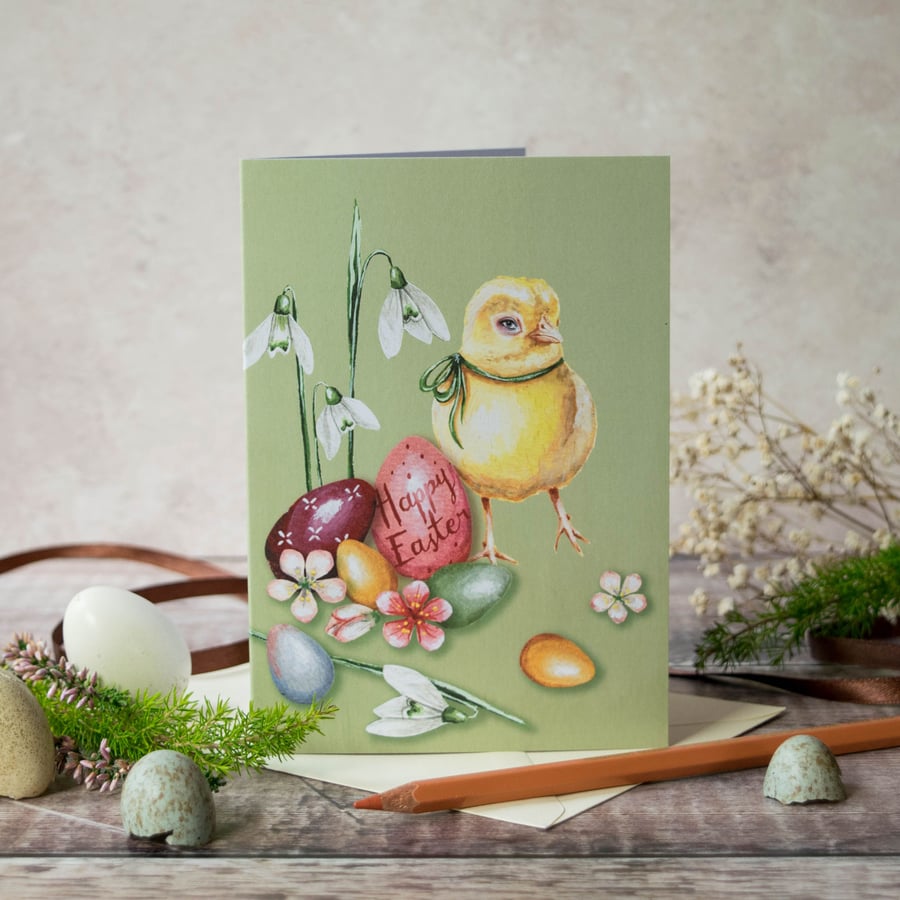 Easter chick card. A6 greeting card. Yellow chick, Easter egg card