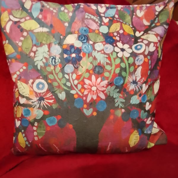Quirky Colourful Jewelled Tree Cotton Canvas Cushion Cover 18" x 18"