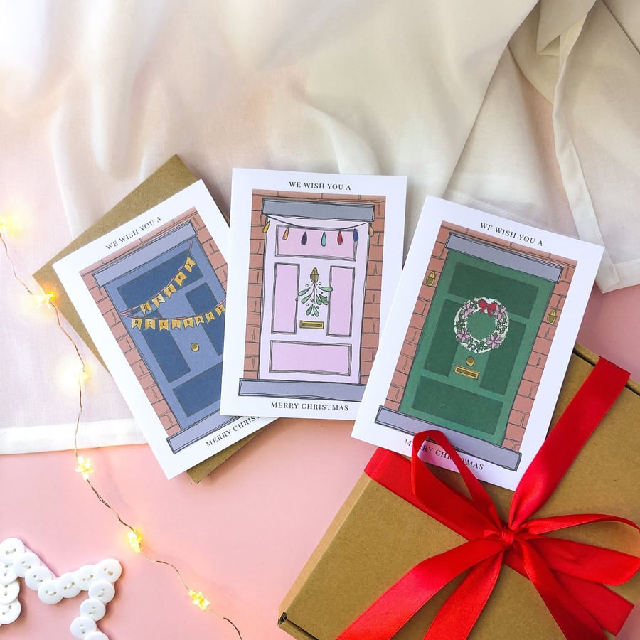 Festive Door Christmas Cards Pack of 3, 6, 9 A6 