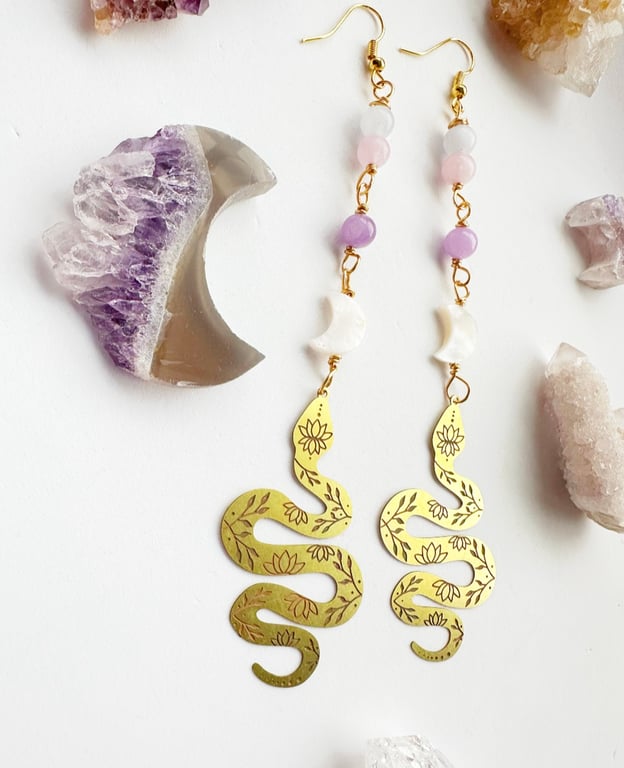 Gold Snake earrings, Crystal earrings, Morganite, Spiritual Jewellery, 