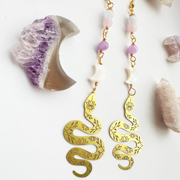 Gold Snake earrings, Crystal earrings, Morganite, Spiritual Jewellery, 