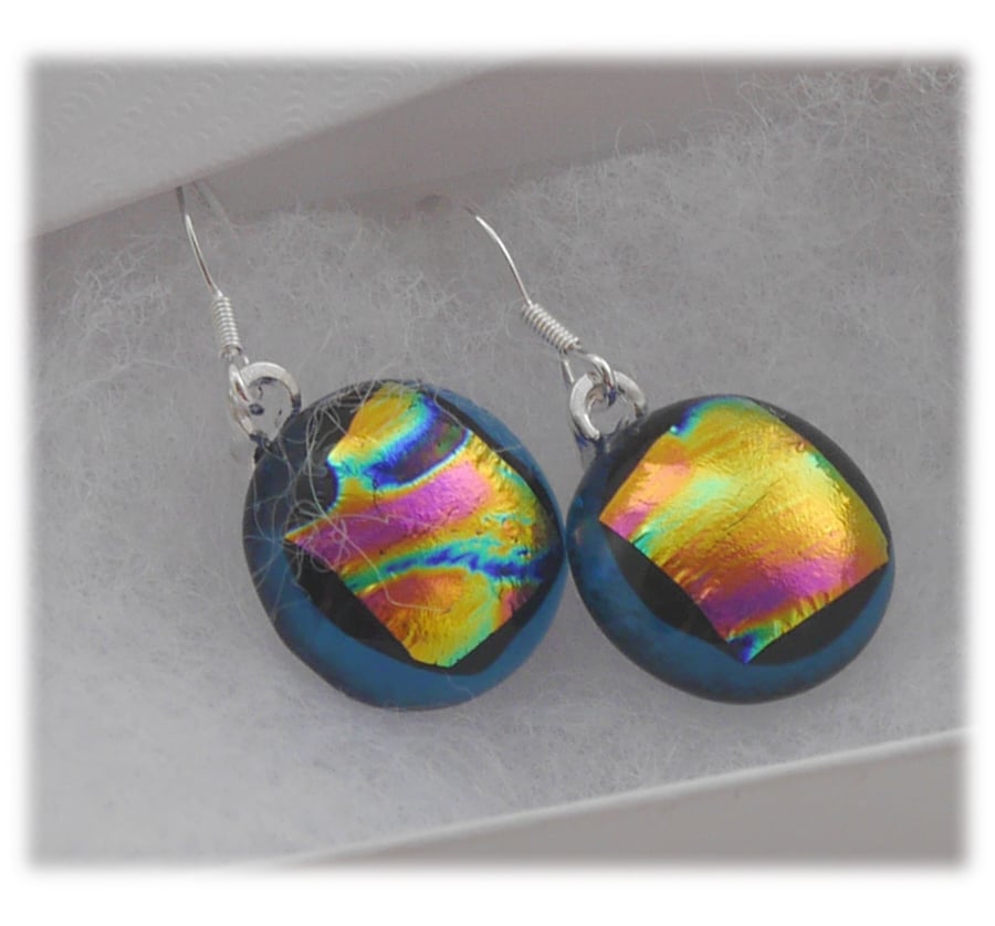 Handmade Fused Dichroic Glass Earrings 196 Aqua Rainbows