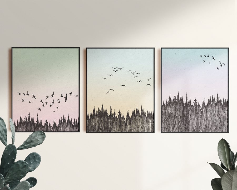 Set of 3 Prints, Forest Silhouette, Flying Birds, Coloured Gradient
