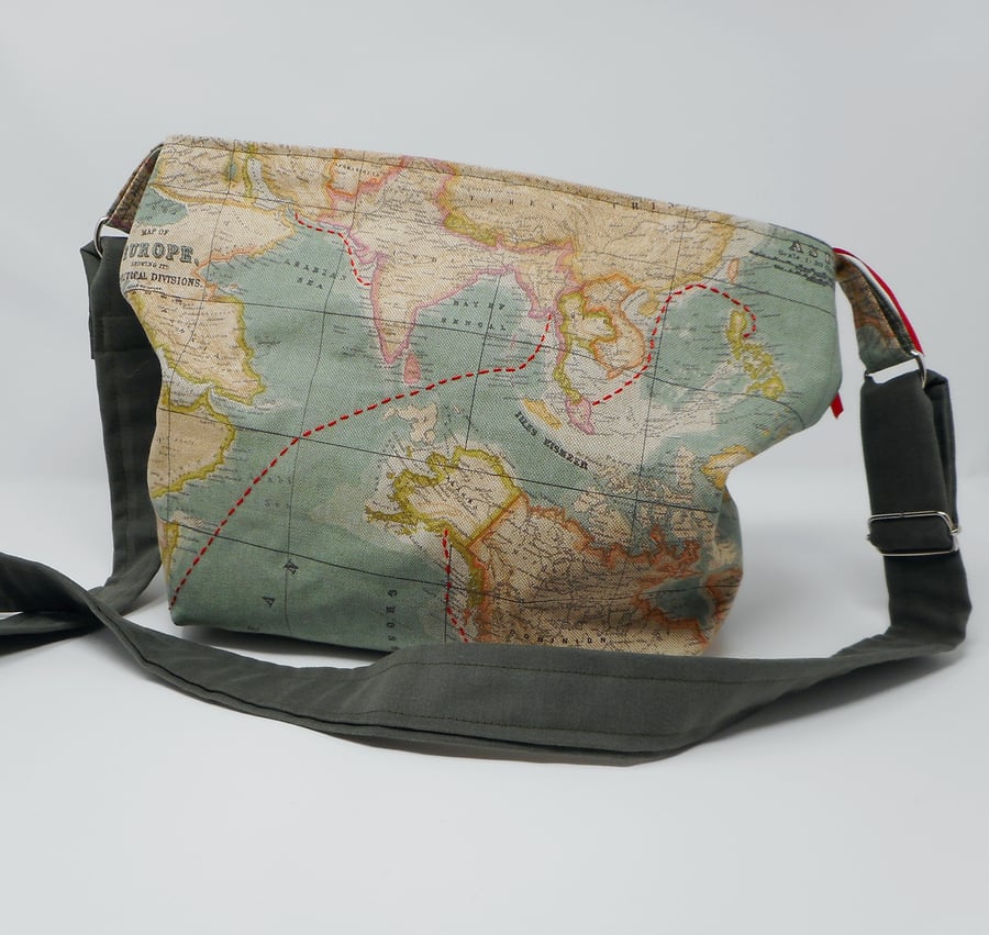 Map print shoulder bag with hand embroidered shipping lanes