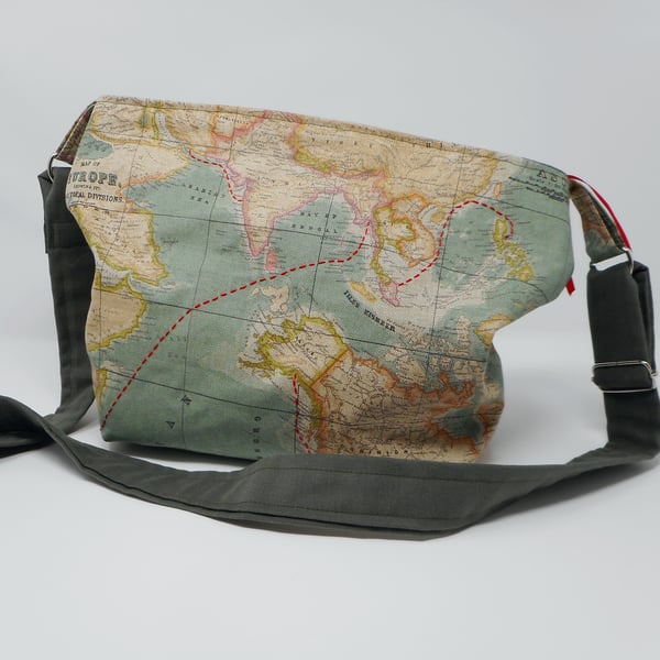 Map print shoulder bag with hand embroidered shipping lanes